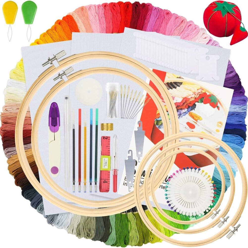 Embroidery Kit 215 Pcs,100 Colors Threads,5 Pcs Embroidery Hoops,3 Pcs Aida Clot